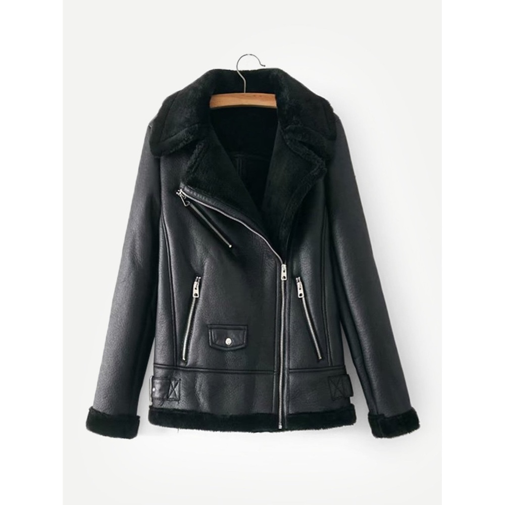 Faux Fur PU Leather Biker Jacket, NWOT